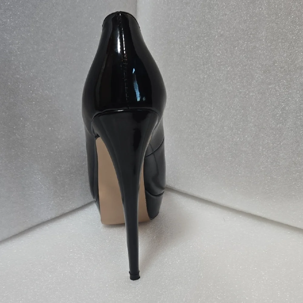 Marumote 6" SHINEY BLACK STILETTOS W/ RED PEEP VALENTINE'S  DIVA 9.5 - Picture 11 of 17